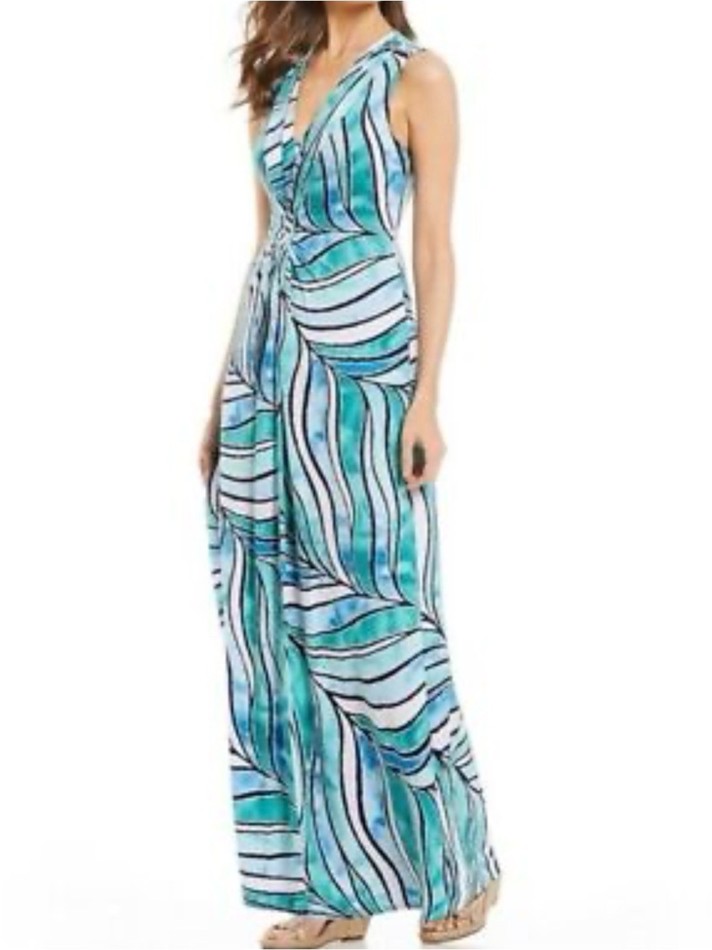 Tommy Bahama Teal & White Wave-Print Sleeveless Maxi Dress
